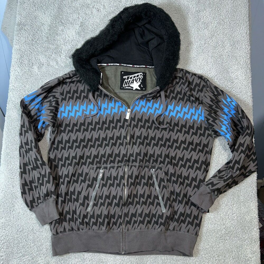 2008 Top Heavy Full Zip Hoodie Sweatshirt Faux Fur Trim Men’s Large Blue Bolt